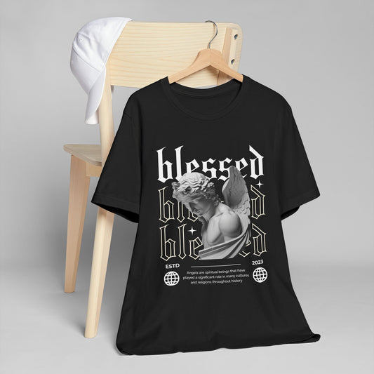 Blessed Angel Graphic Tee — Vintage Statue Religious T-Shirt